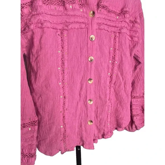Free People Summer Stars gauzy Pink Boho blouse Size Small Cotton Crochet button - Picture 5 of 7
